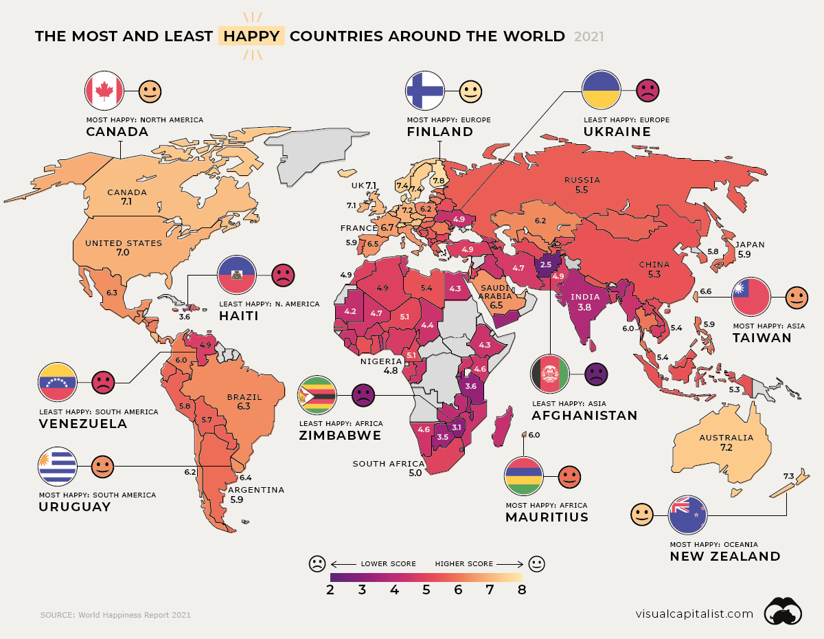 Global Happiness Index Map 2021 by Visual Capitalist